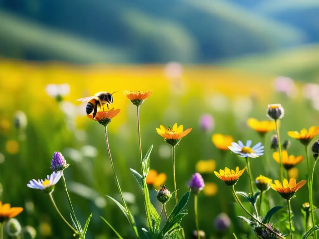 Un prado colorido lleno de flores silvestres, insectos, y una biodiversidad impresionante