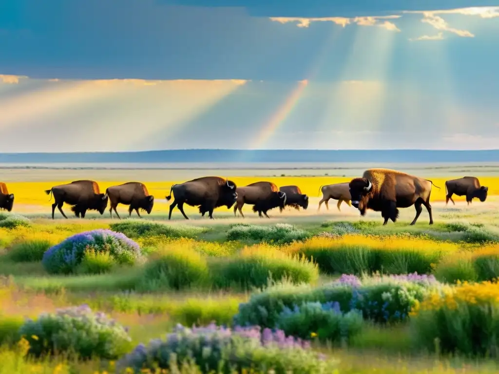 Un prado dorado se extiende hasta el horizonte, salpicado de vibrantes flores silvestres