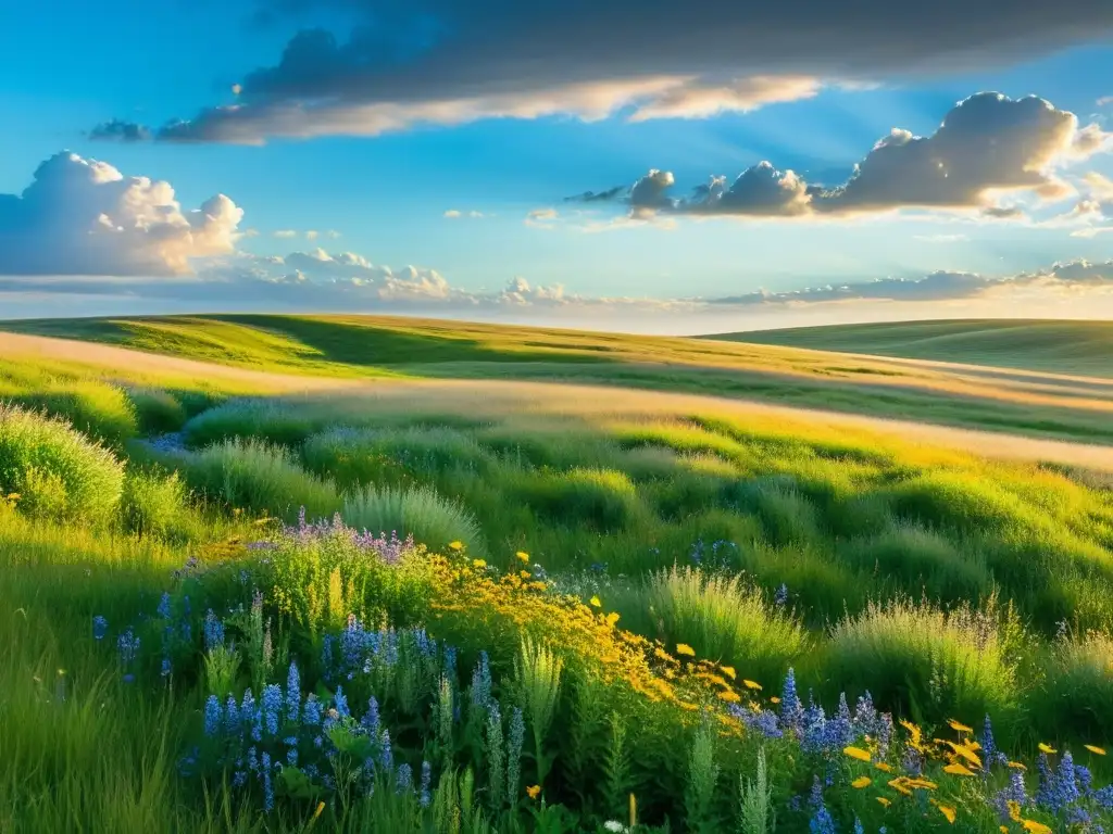 Fotografía de un prado ondulante con hierba exuberante, flores silvestres y ciervos, bajo un cielo azul brillante