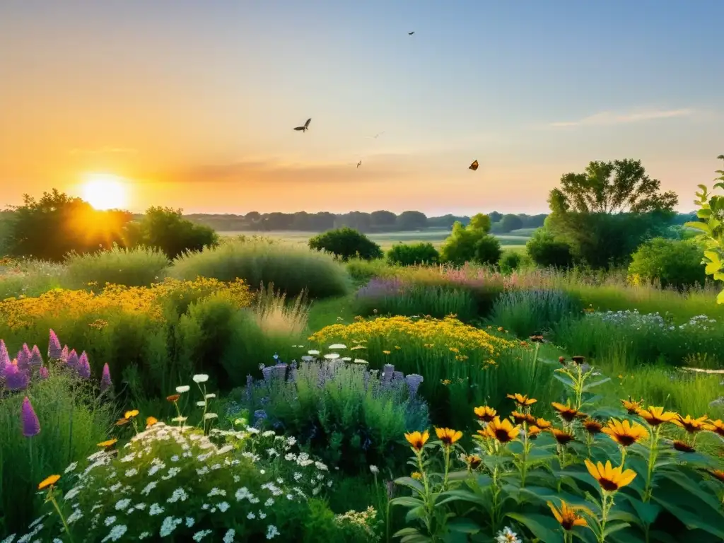 Un prado de permacultura sostenible con plantas nativas y vida silvestre, resplandeciendo en la cálida luz del sol