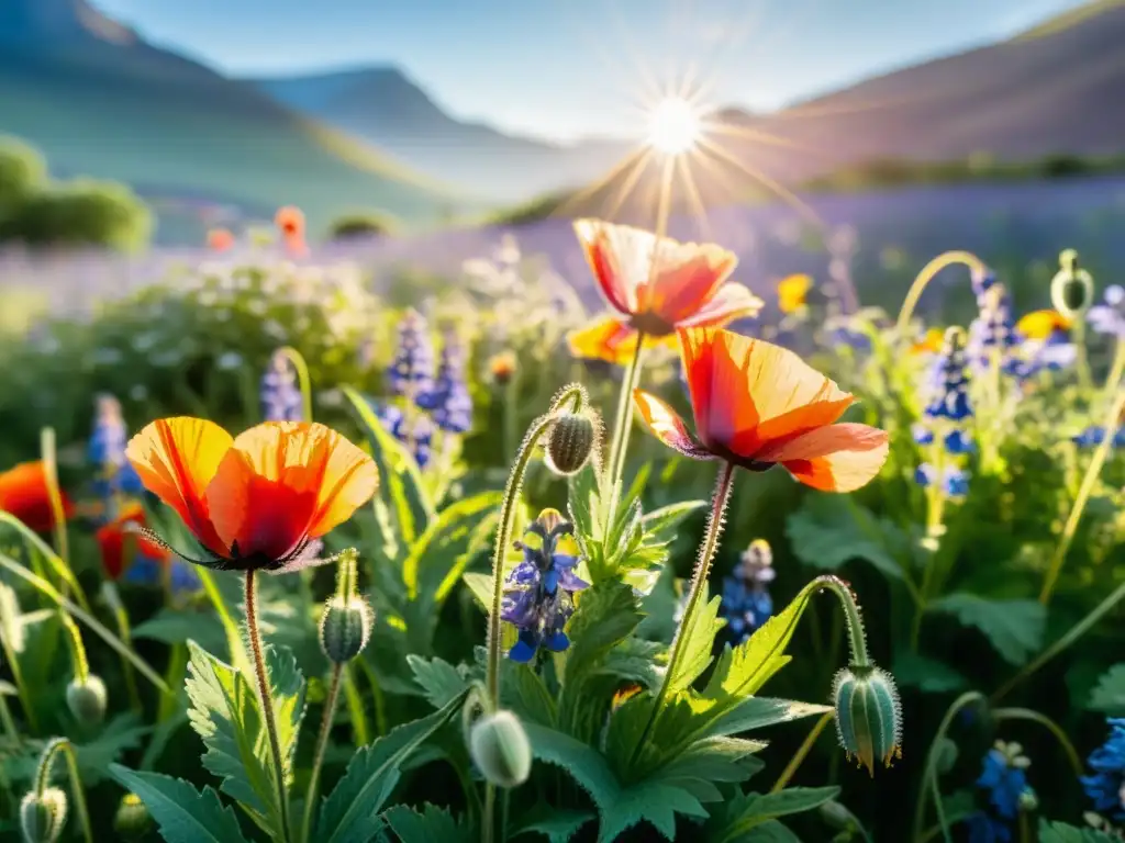 Un prado vibrante lleno de flores silvestres en un jardín sostenible, bañado por la cálida luz del sol