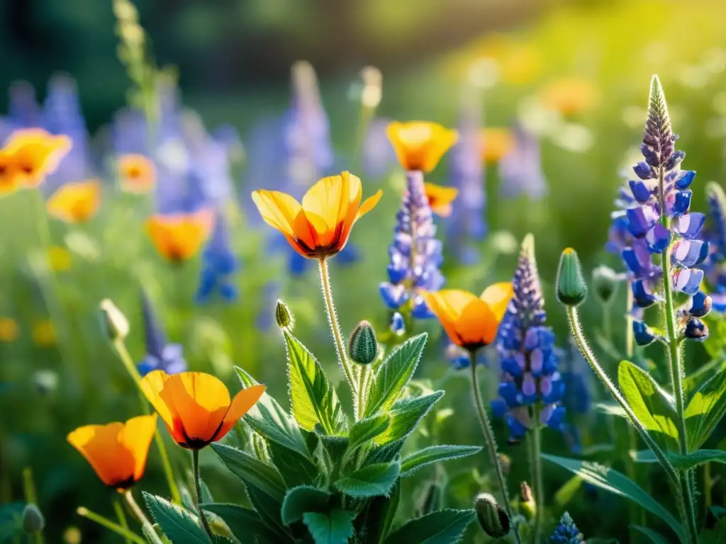 Un prado de flores silvestres vibrantes, iluminado por el sol, con abejas y mariposas