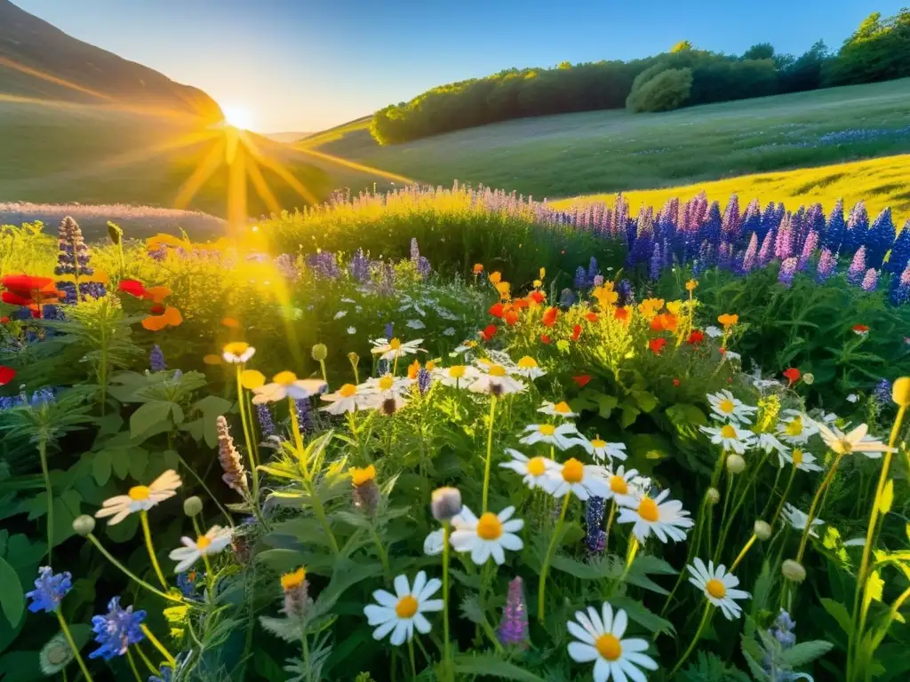 Un prado de flores silvestres vibrantes en un jardín sostenible, con luz dorada filtrándose entre las hojas