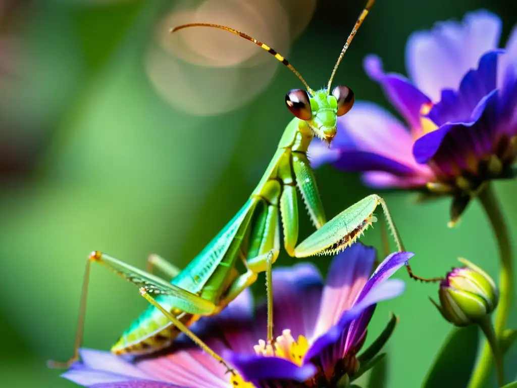 Praying mantis iridiscente en flor morada, detalle de insectos endémicos del Mediterráneo