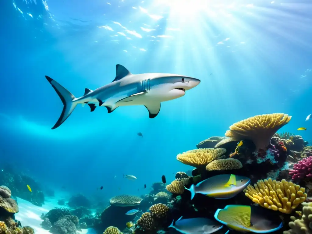 Predadores marinos cazando entre arrecifes de un vibrante ecosistema marino, mostrando la belleza y poder del océano