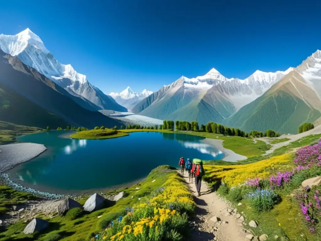 Preparación para trekking en el majestuoso Himalaya, con picos nevados, valles verdes, lago cristalino y trekkers en ruta