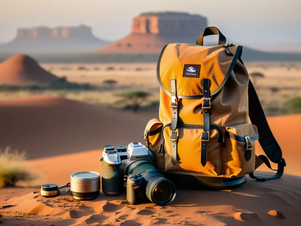 Preparativos para safari fotográfico en la sabana africana: mochila con equipo de cámara, botas y sombrero en terreno polvoriento al atardecer dorado