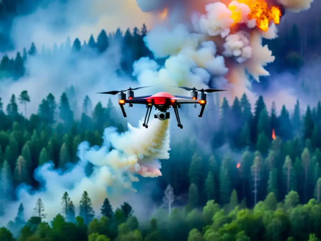 Prevención de incendios forestales con drones: Avanzada flota de drones protegiendo bosque de fuego con retardante