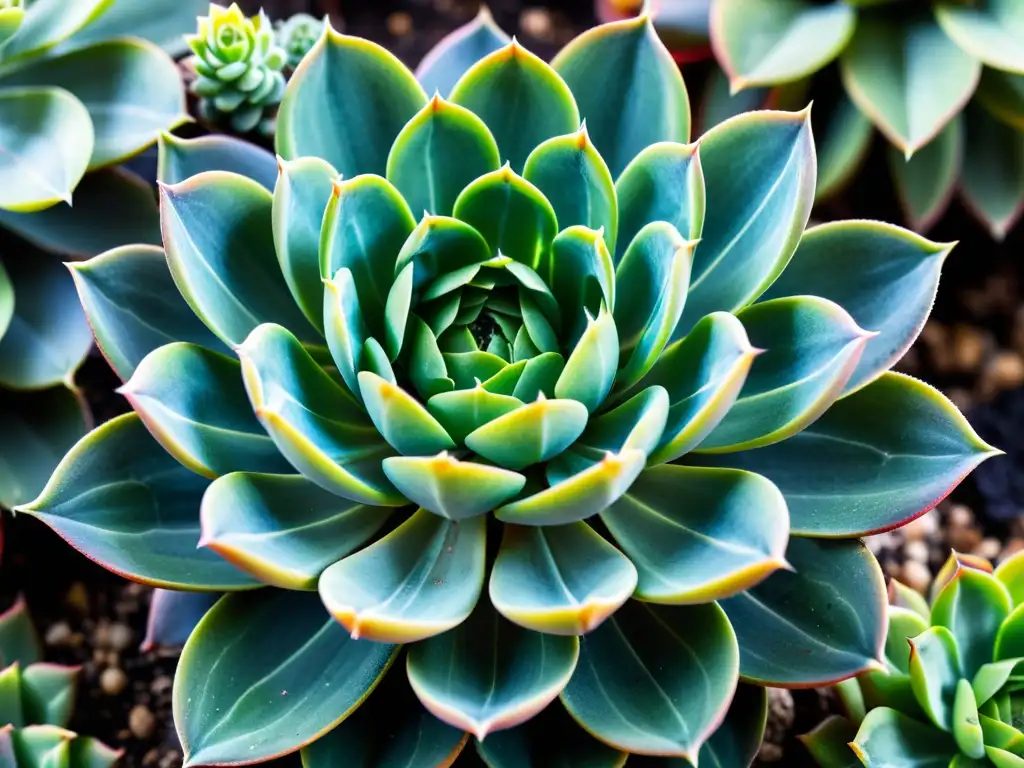 Un primer plano detallado de una suculenta Echeveria verde vibrante, bañada por el sol que proyecta patrones intrincados en sus hojas carnosas