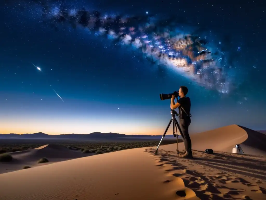 Un principiante observa estrellas en un desierto con un telescopio, bajo un cielo nocturno claro y estrellado