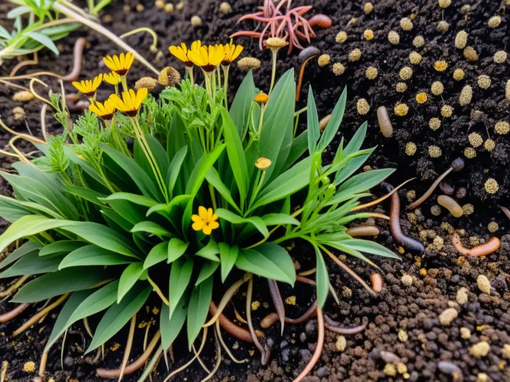 Principios de paisajismo ecológico sostenible: Imagen detallada de un suelo fértil y diverso, con vida vegetal y animal en armonía bajo la luz del sol