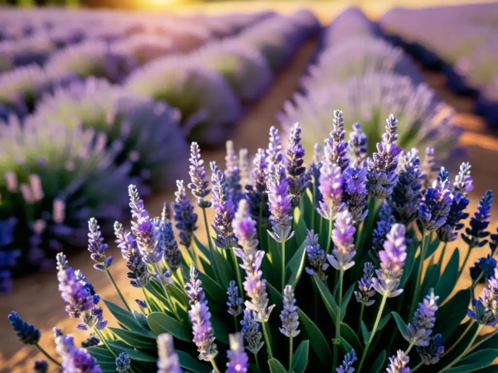 Productos de belleza ecológicos recomendados: Campo de lavanda orgánica, iluminado por el sol, con abejas revoloteando alrededor de las flores moradas