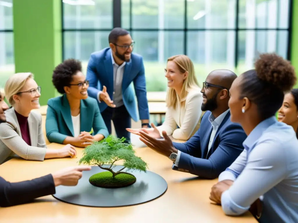 Profesionales en aula moderna discuten sobre ecoinnovación