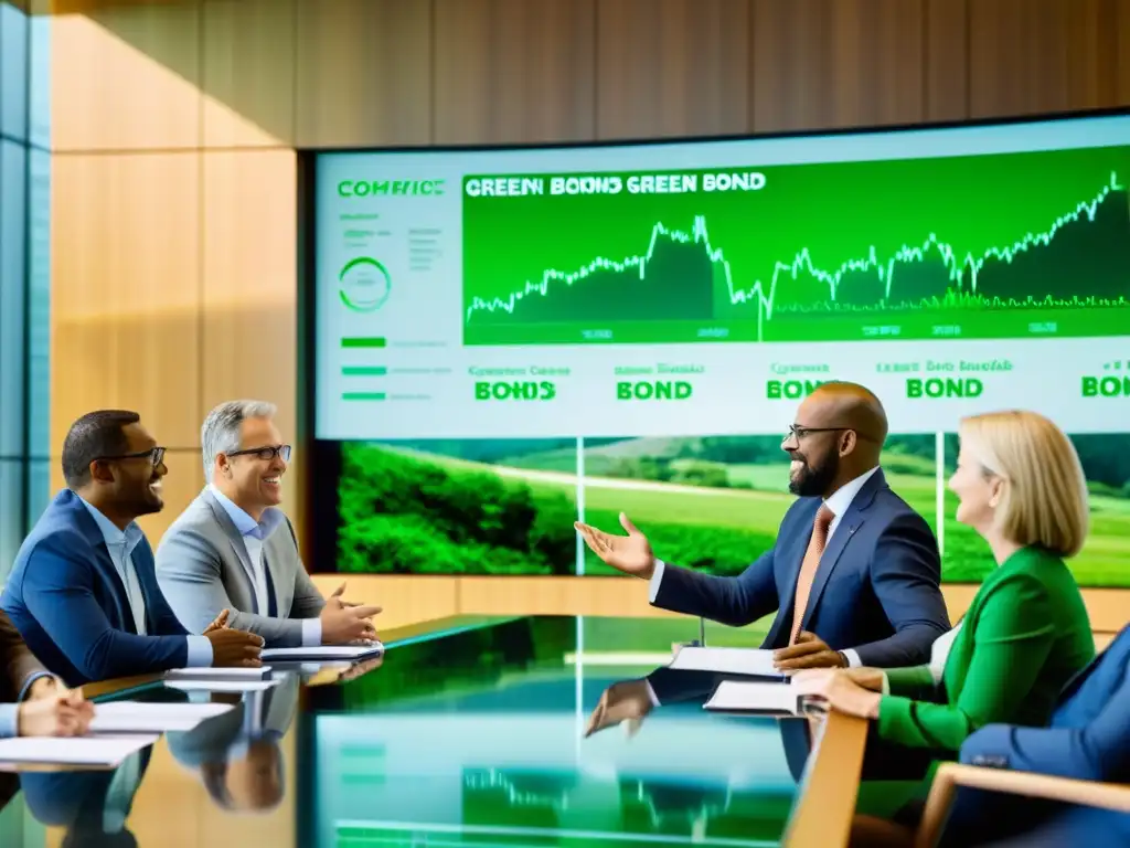 Profesionales discuten promoción de bonos verdes en moderna sala de conferencias, mostrando desafíos del cambio climático