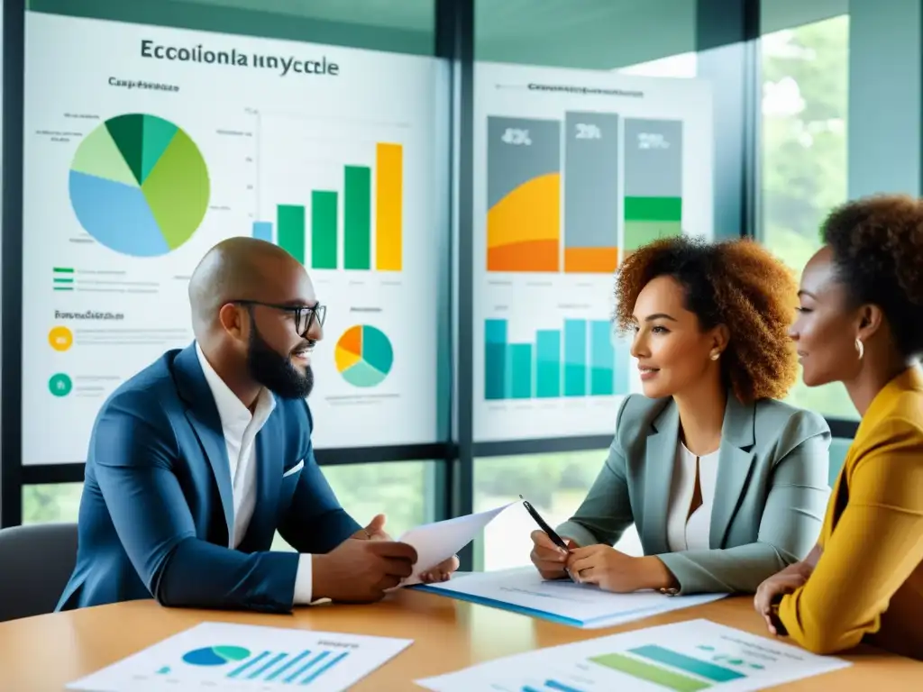 Profesionales colaborando en consultoría análisis ciclo vida productos ecoamigables en una sala de reuniones moderna y bien iluminada