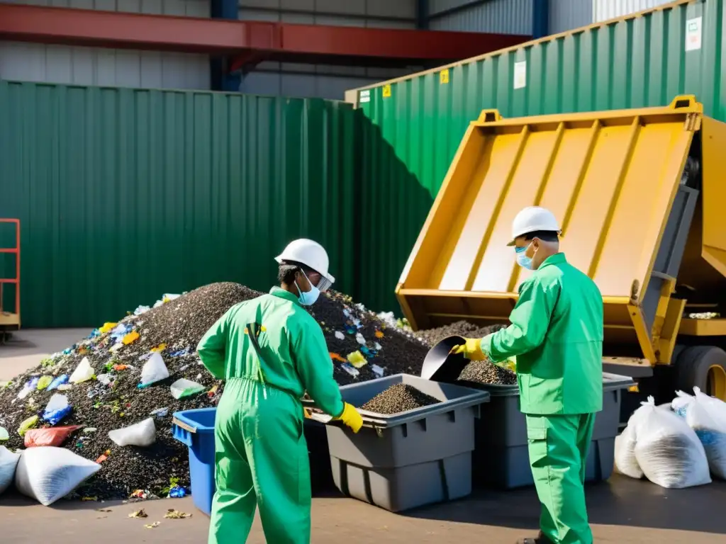 Profesionales de gestión de residuos manejando reciclaje Profesionales de gestión de desechos urbanos separando cuidadosamente materiales reciclables en una planta de reciclaje