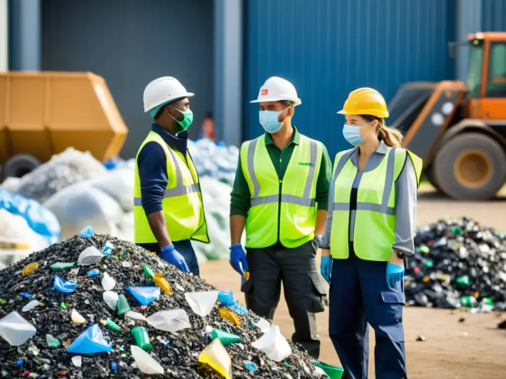 Profesionales del reciclaje: gestionando residuos de manera eficiente Profesionales de gestión de desechos urbanos trabajan en planta de reciclaje, clasificando plásticos, papel y vidrio