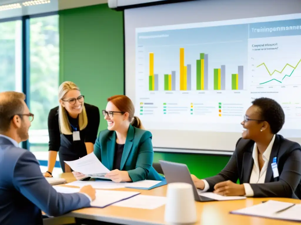 Profesionales participan activamente en una dinámica formación ISO 14001 Gestión Ambiental, intercambiando ideas con gráficos de fondo