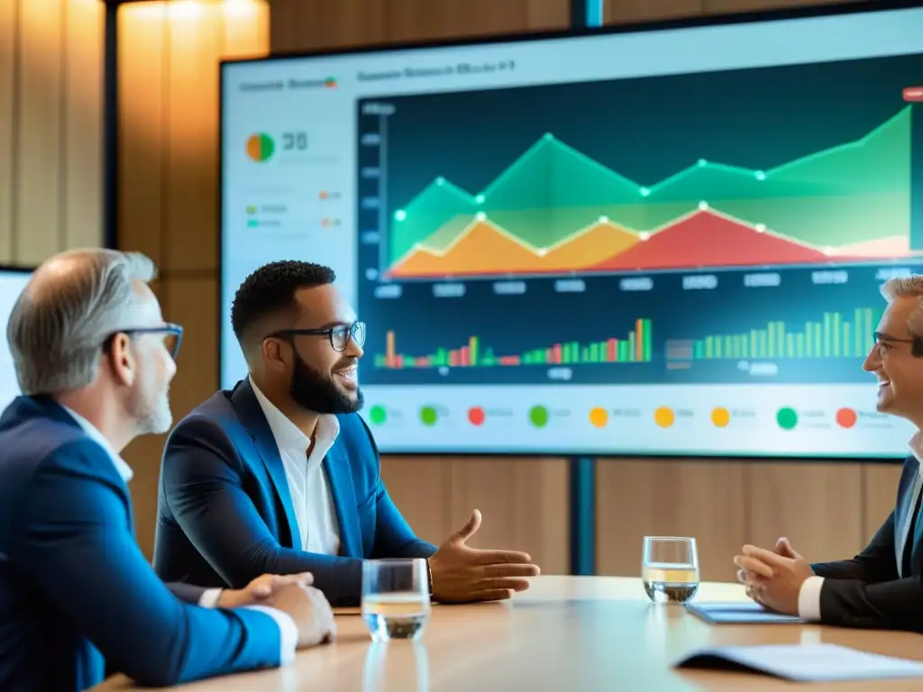 Profesionales debatiendo estrategias de Fondos de inversión sostenibles en una sala iluminada y colaborativa, con gráficos en pantalla