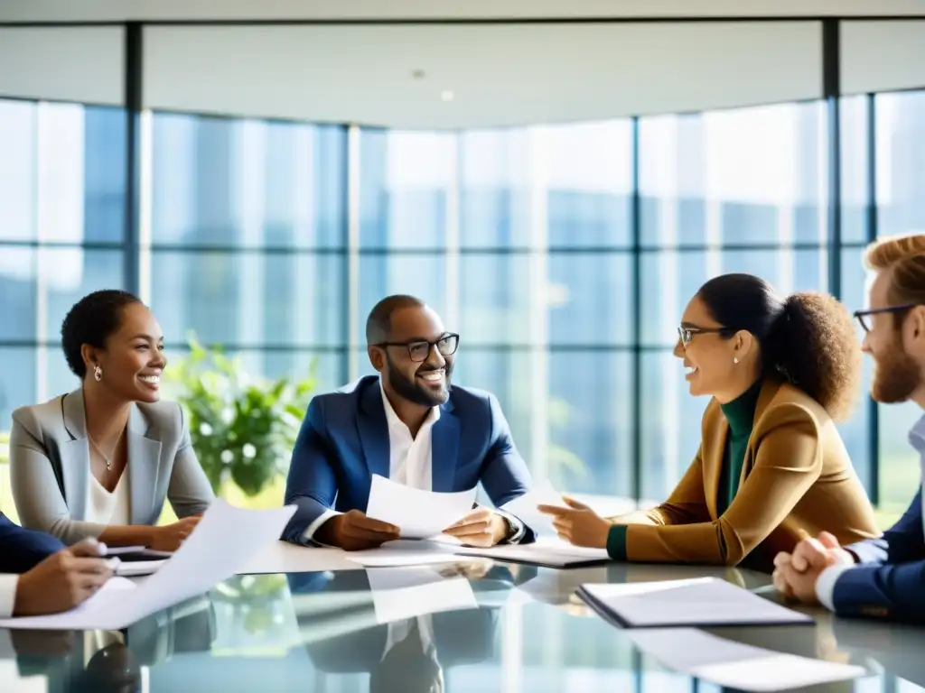 Profesionales debatiendo estrategias de inversión sostenible ESG en una oficina moderna