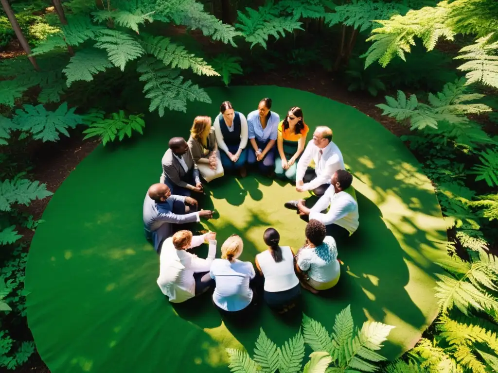 Profesionales del medio ambiente participando en un taller de sostenibilidad en un bosque