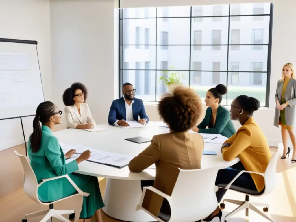 Profesionales de la moda colaboran en una sala minimalista, discutiendo ideas para productos sostenibles en la moda global