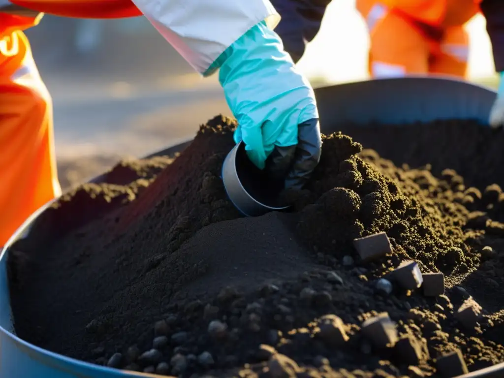 Profesionales recogen muestras de suelo contaminado en un sitio industrial, destacando su pericia en servicios consultivos contaminación suelo