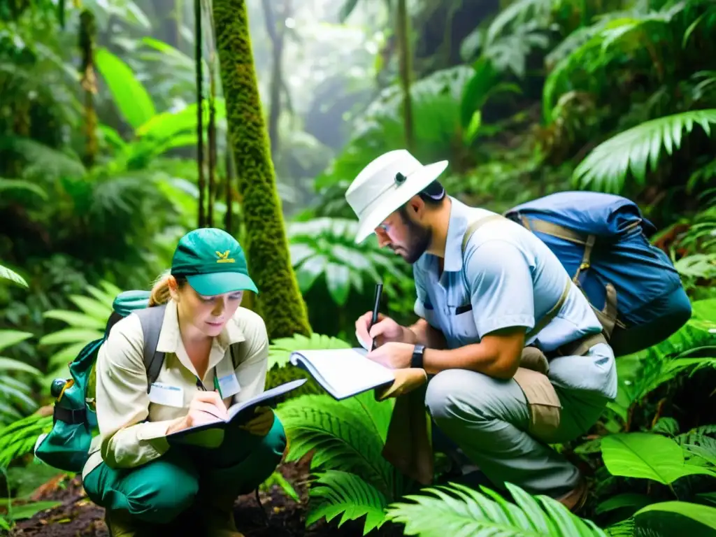 Profesionales de ONGs ambientales realizan un estudio de campo en la exuberante selva, examinando especies vegetales y tomando notas de sus hallazgos