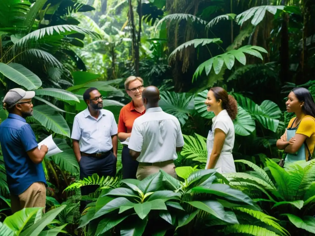 Profesionales de ONGs ambientales colaboran en la selva, examinando especímenes y dialogando con la comunidad y funcionarios