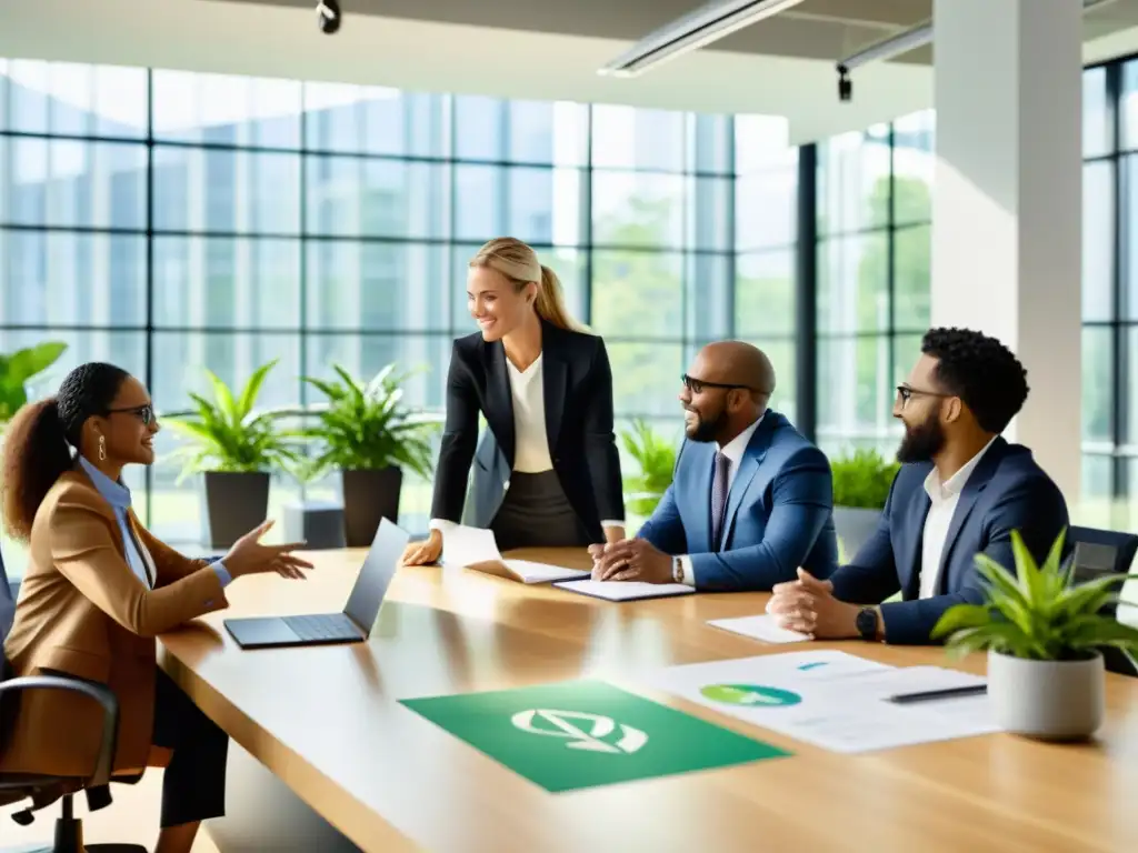 Profesionales en reunión colaborativa en oficina sostenible, revisando certificaciones gestión sostenibilidad ecosistemas