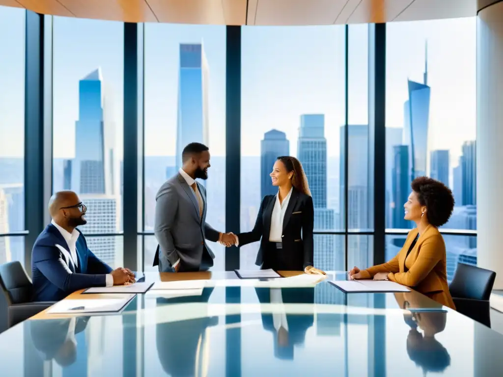 Profesionales en reunión de estrategias de inversión sostenible en moderna sala con vista urbana y métricas de sostenibilidad