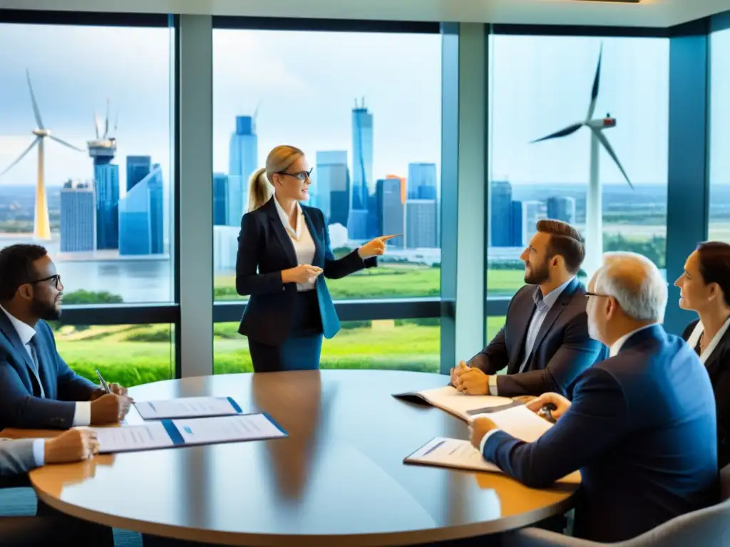 Profesionales en una reunión de negocios discutiendo estrategias de adaptación al cambio climático con gráficos y energías renovables en el fondo