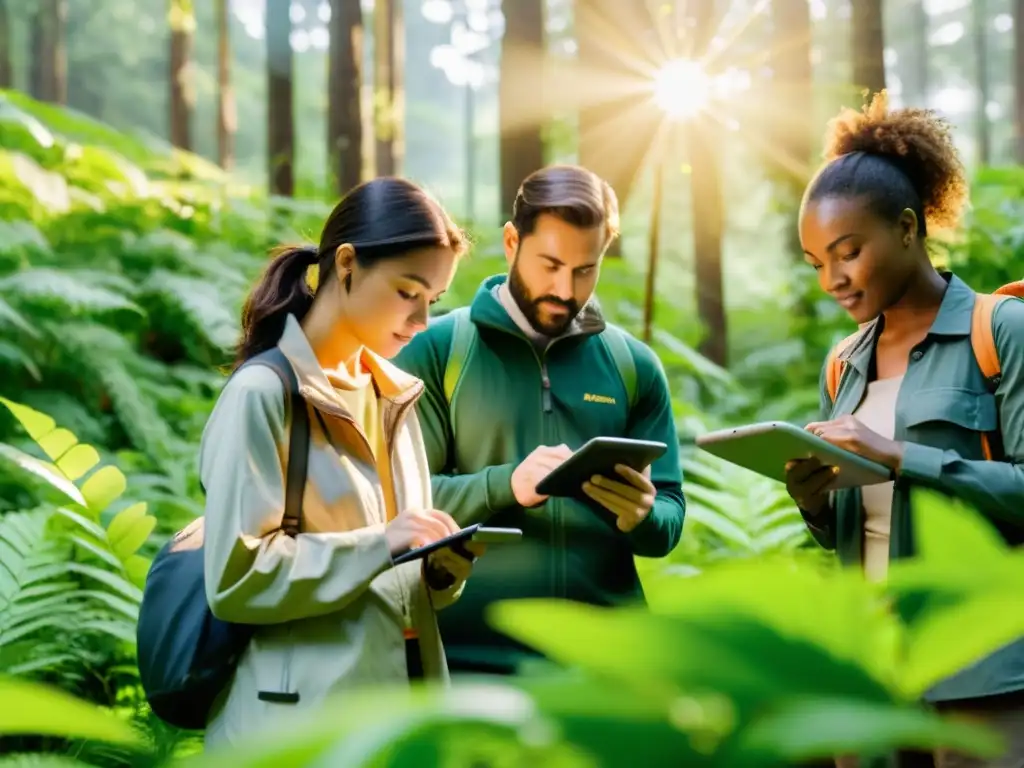 Profesionales de sostenibilidad realizan investigación de campo en un exuberante bosque, demostrando competencias para carrera en sostenibilidad