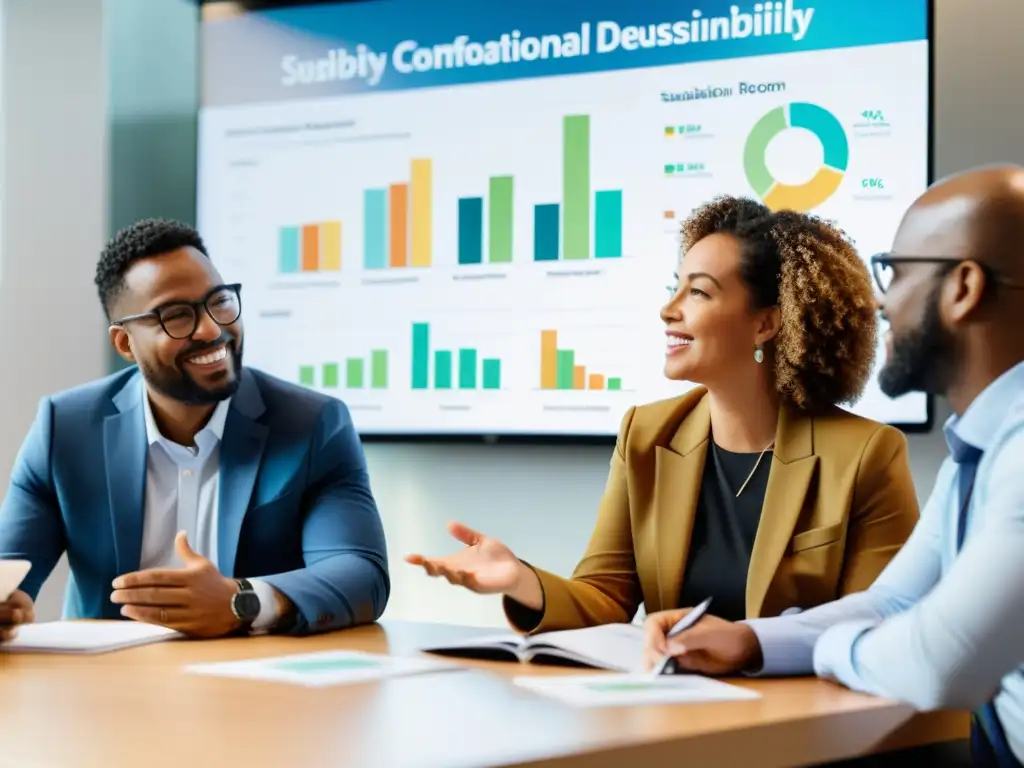 Profesionales debaten sostenibilidad en un curso presencial, con gráficos y materiales educativos