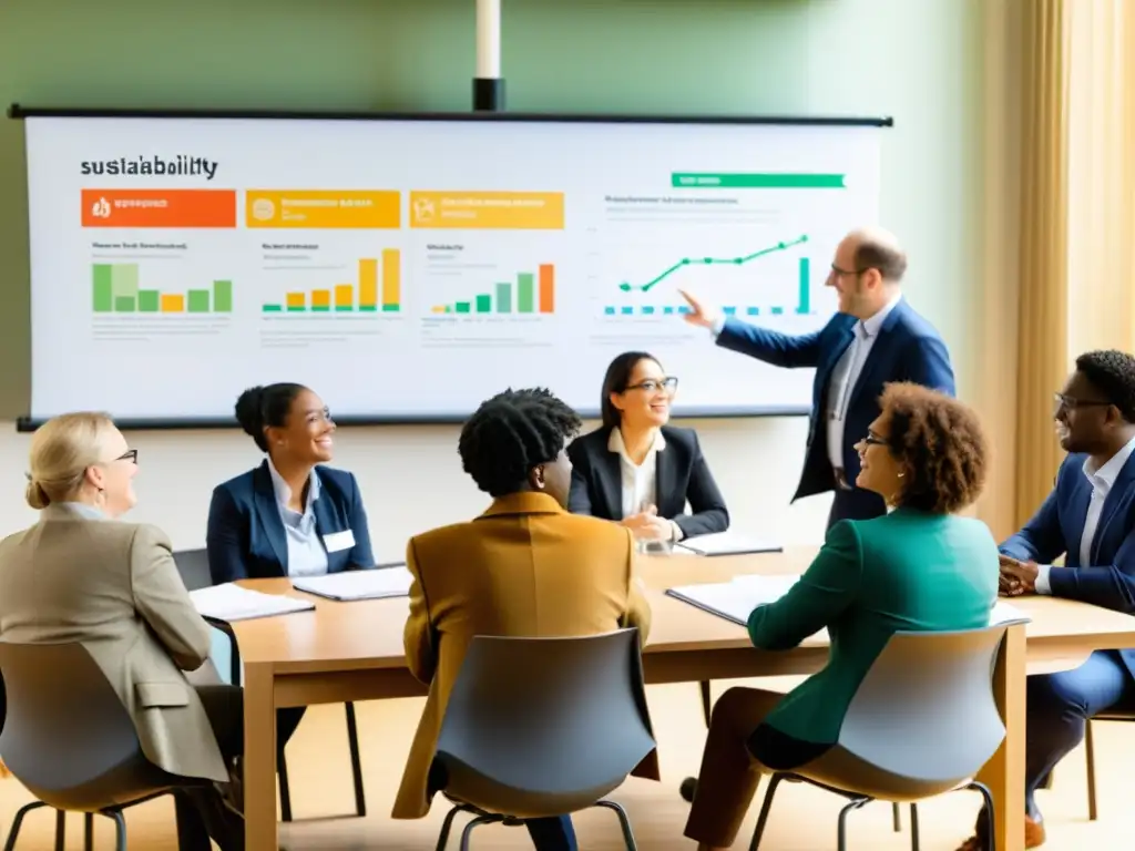 Profesionales en un taller de sostenibilidad en la Universidad de Cambridge, mostrando colaboración e innovación