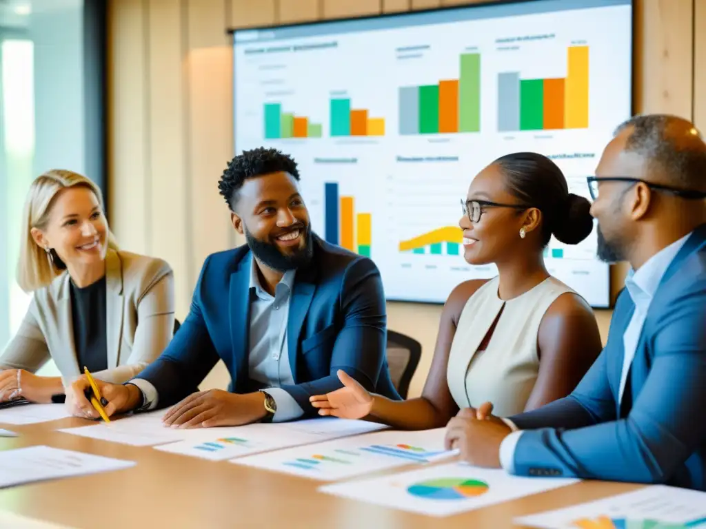 Profesionales colaborando en taller de inversión sostenible ESG, analizando informes financieros y gráficos