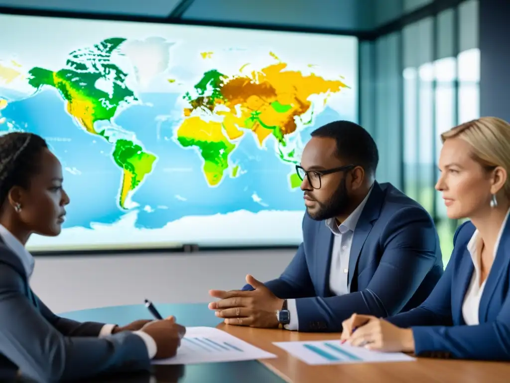 Profesionales discuten estrategias de adaptación al cambio climático Diversos profesionales en trajes de negocios discuten estrategias de adaptación al cambio climático en una moderna sala de juntas