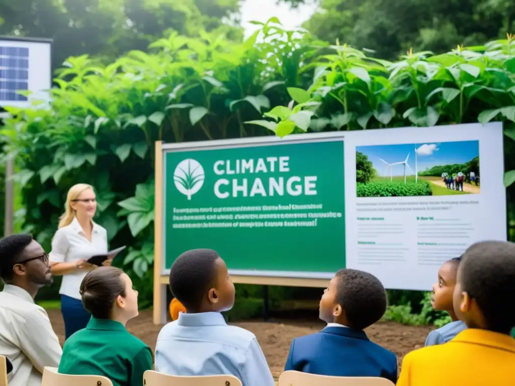 Profesor y estudiantes aprenden sobre estrategias de mitigación del cambio climático en un entorno natural y sostenible