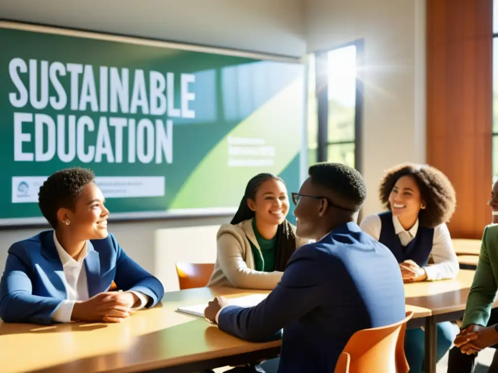 Profesor y estudiantes discuten estrategias de inversión sostenible en un aula moderna, fomentando la educación financiera