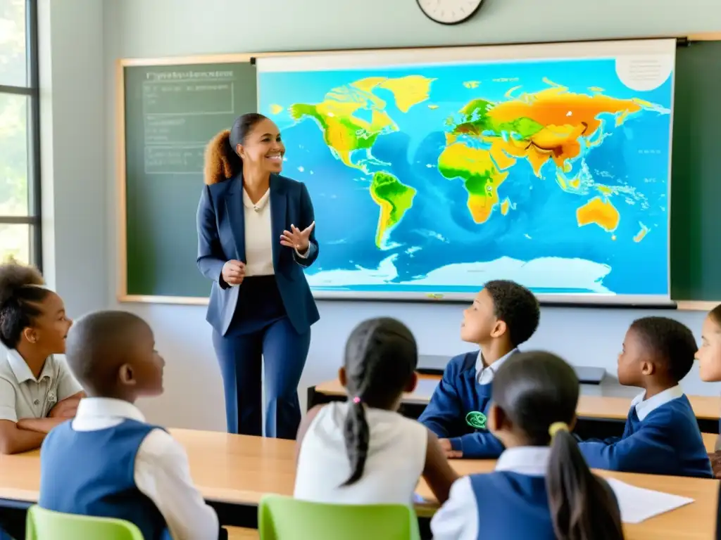 Profesor enseñando a las nuevas generaciones sobre cambio climático en un aula inspiradora con estudiantes comprometidos