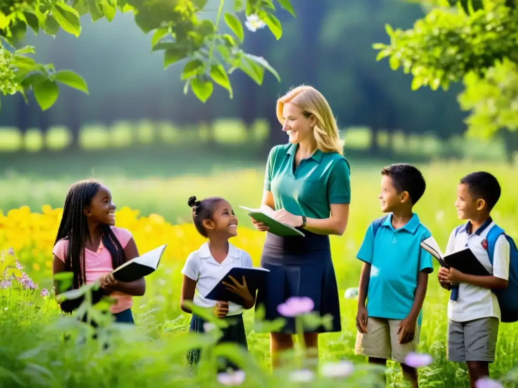 Profesora y alumnos en campo verde, aprendiendo sobre proyectos educación ambiental niños entre árboles y flores coloridas