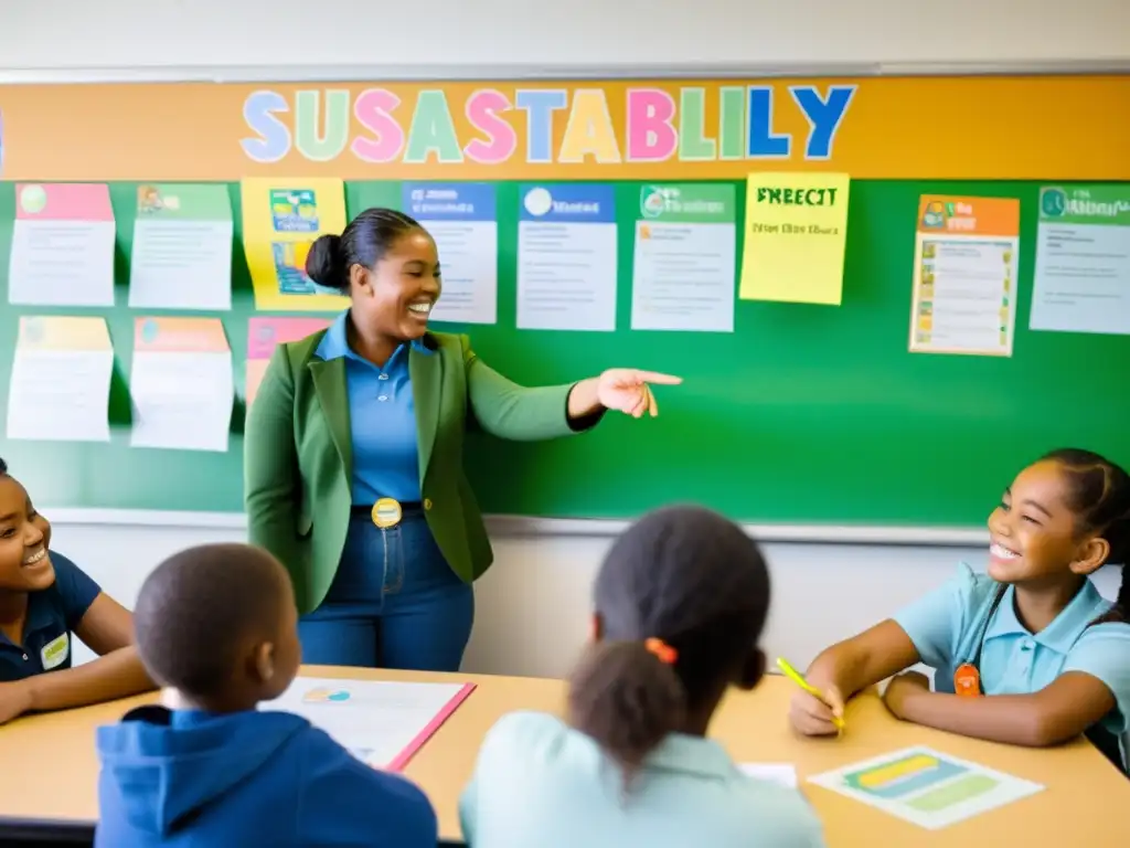 Profesora sonriente guía a estudiantes en proyecto de integración de educación sostenible al currículum escolar, rodeados de color y entusiasmo