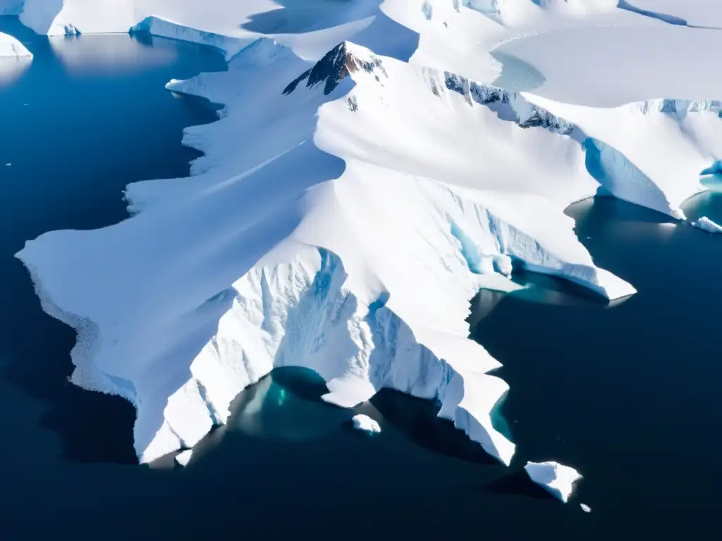 Programas postgrado ecosistemas extremos: Fotografía aérea de paisaje glacial ártico/antártico, con vastas extensiones de hielo y montañas nevadas