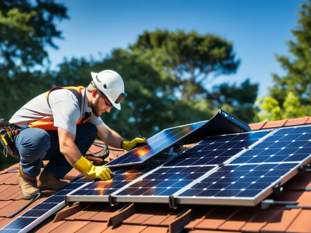 Un propietario instala paneles solares en el techo de su casa, rodeado de herramientas y equipo