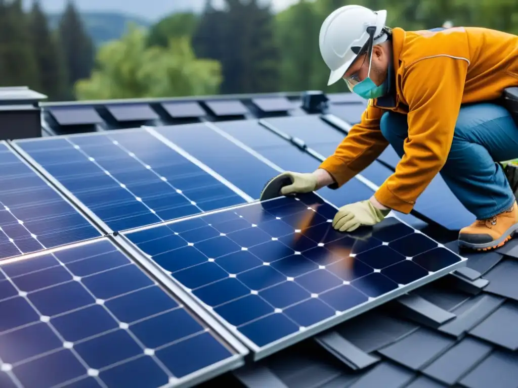 Un propietario instala paneles solares en el techo de su casa moderna, destacando la financiación proyectos energía renovable casa y la sostenibilidad