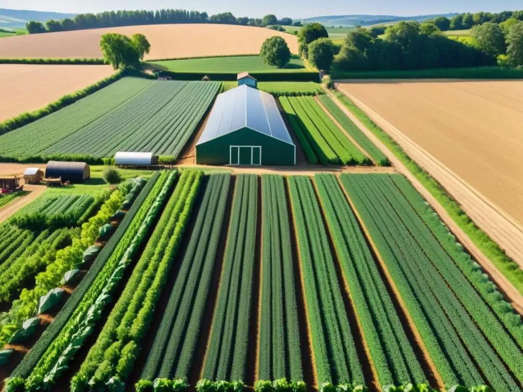 Un próspero huerto orgánico con campos de vibrantes vegetales se extienden a lo lejos