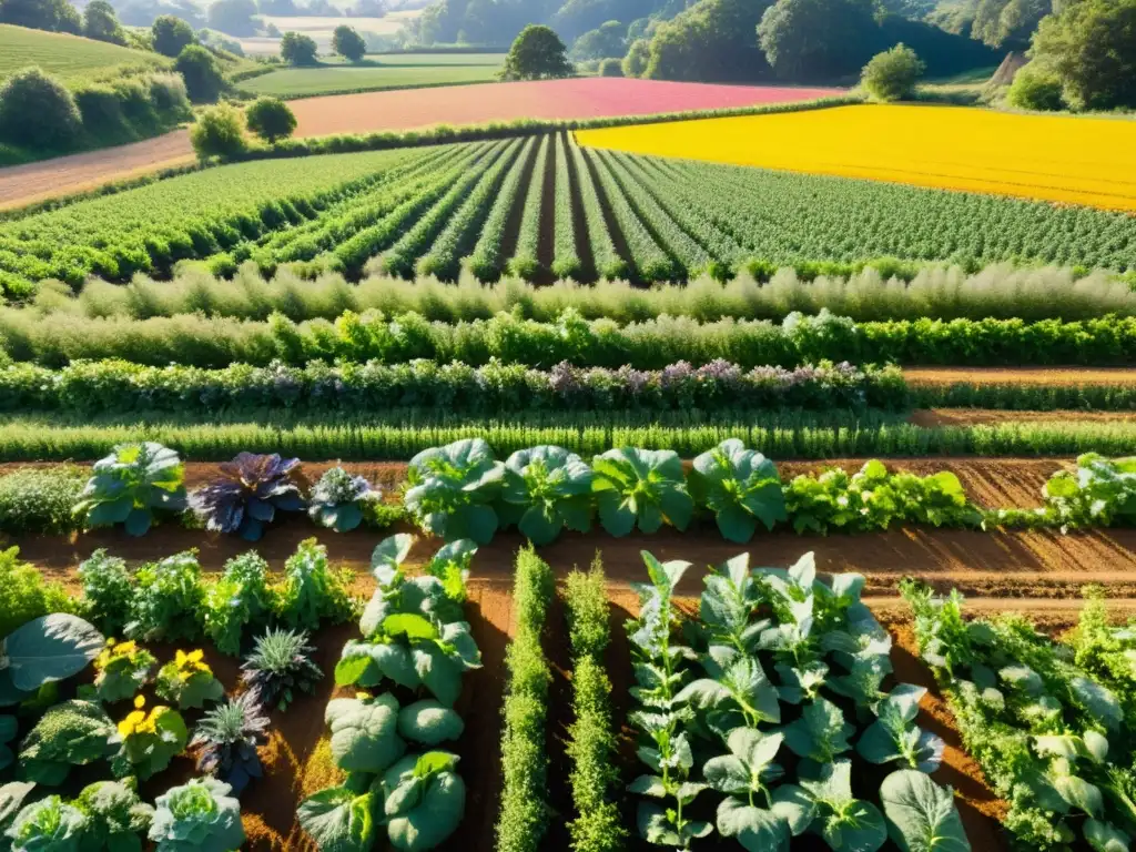 Un próspero paisaje de policultivos con una diversidad de plantas y vida, mostrando los efectos de monocultivos y policultivos en salud