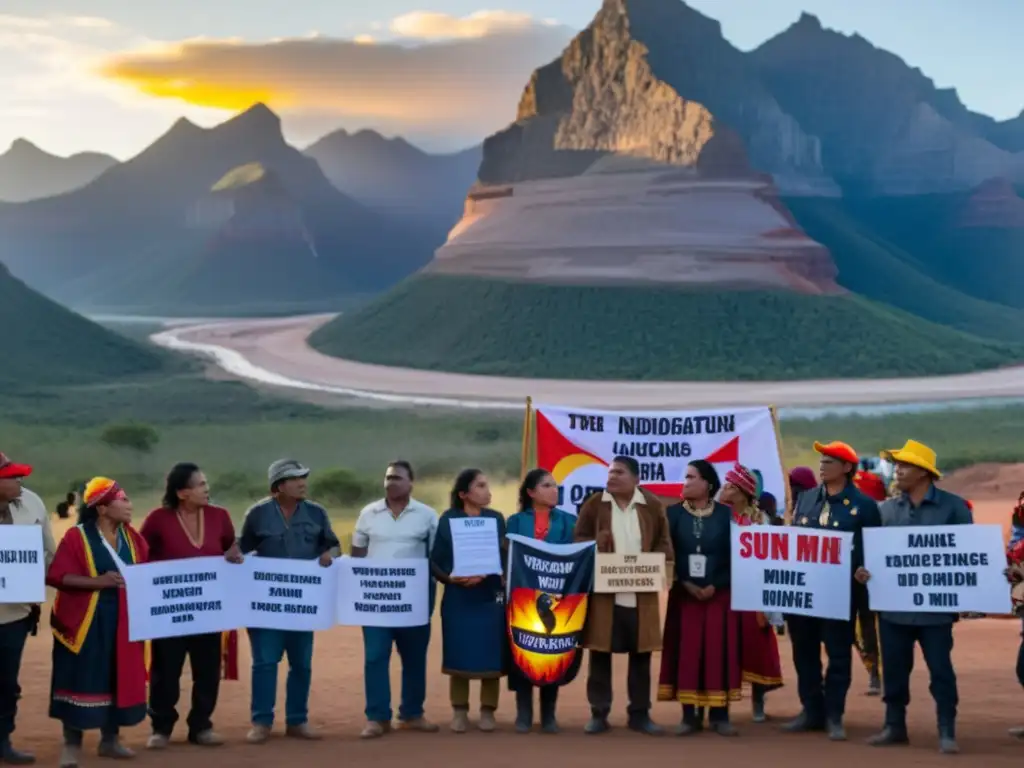 Protesta indígena contra mina de oro: impacto conflictos mineros comunidades locales en dramática escena al atardecer