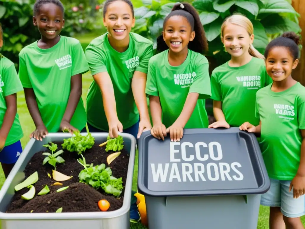 Niños Eco Warriors en proyecto educación ambiental, compostaje en jardín escolar