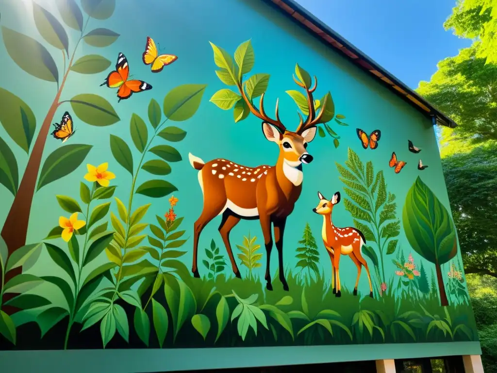 Proyecto artístico protección medio ambiente: mural detallado de exuberante bosque con diversa flora y fauna, evocando belleza y diversidad natural